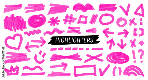 Highlight brush lines, shapes, elements. Big set of hand draw isolated vector objects on white background. Neon pink doodle strokes. Acid highlighters marker stripes, underlines for any use.