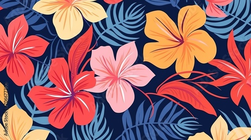 Modern colorful tropical floral pattern. Cute botanical abstract contemporary seamless pattern. Hand drawn unique print. Generative Ai
