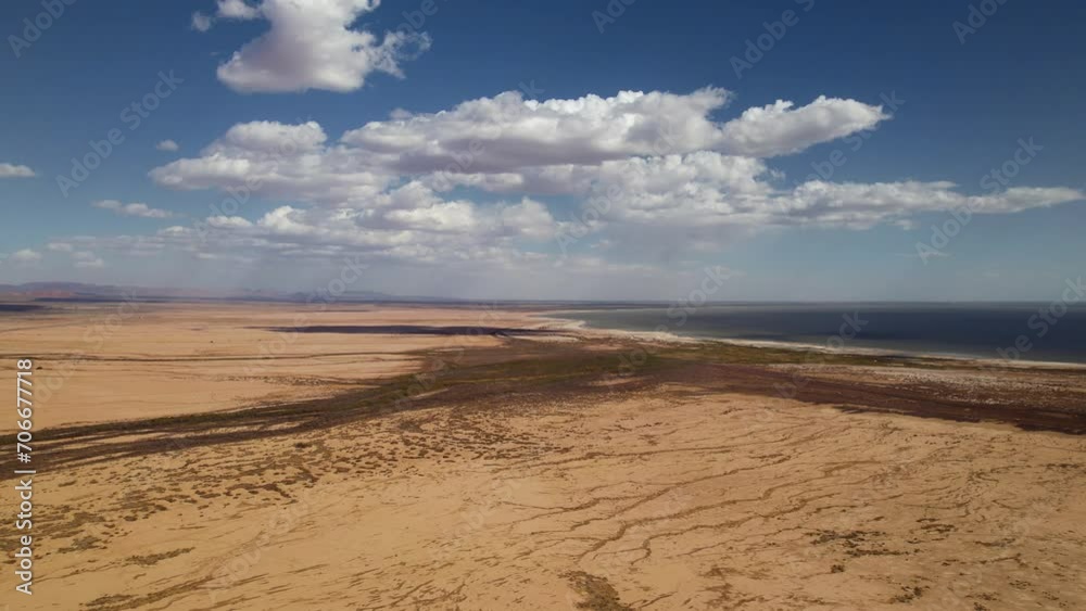 Top panoramic aerial view to the Salton Sea, Bombay beach, California. Drone footage 4K. Salton Sea landscape in California, United States. Salton Sea endorheic rift lake. Top panoramic aerial view to the Salton Sea, Bombay beach, California. Drone footage 4K. Salton Sea landscape in California, United States. Salton Sea endorheic rift lake.