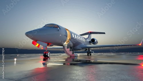 Private Jet on Reflective Tarmac at Dusk photo