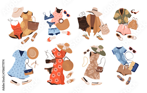 Outfits set in casual style for women. Fashion clothing, accessories, swimwear, shoes for spring, summer and vacation. isolated flat vector illustrations on background