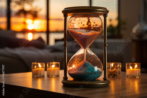  Hourglass with candles sitting on the table during sunset time.
