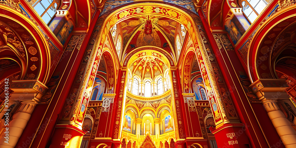 Uma fotografia mostrando os detalhes ornamentados e a grandiosidade de uma catedral de estilo barroco, com decorações elaboradas e iluminação dramática.