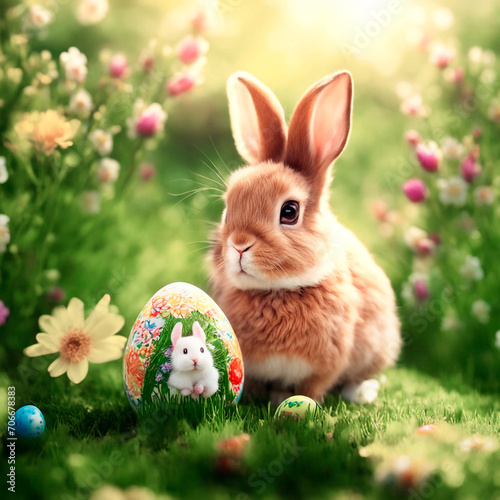 Easter Cute Bunny In Sunny Garden With Decorated