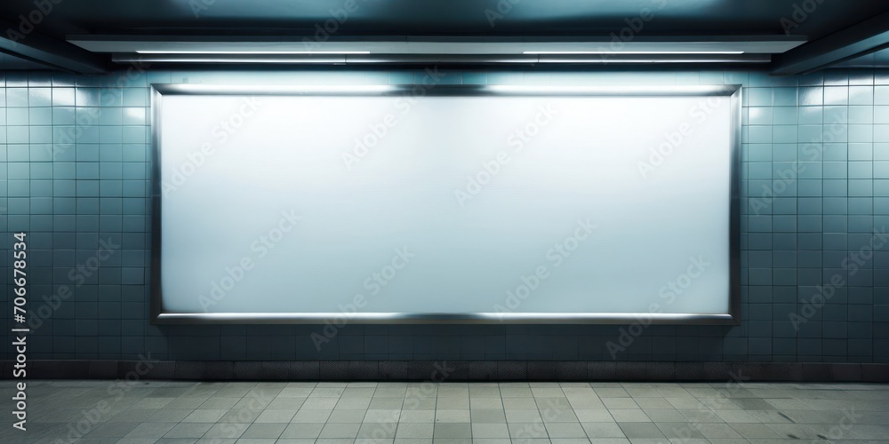 Large White Sign in Empty Subway Station for Advertising Products or Generative AI Large White Sign in Empty Subway Station for Advertising Products or Generative AI