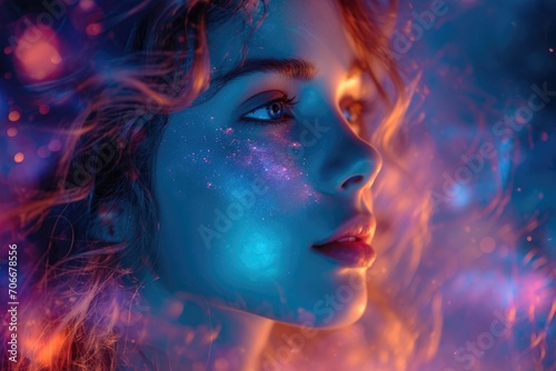 beautiful fantasy abstract portrait of a beautiful woman double exposure with a colorful digital paint splash or space nebula