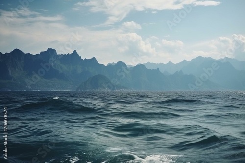 Scenic sea and peaks. Generative AI © Ylva