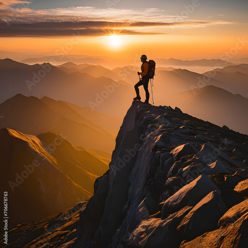 A single hiker standing on a mountain top as the sun sets