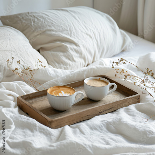 Serenity in Simplicity: Minimalistic Tray in Bed with Flowers and Tea - A Tranquil Scene of Elegance and Relaxation - Generative AI
