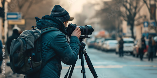 Um fotógrafo capturando a essência de uma cidade movimentada, com equipamentos e lentes de câmera dispostos para fácil acesso em um ambiente urbano photo