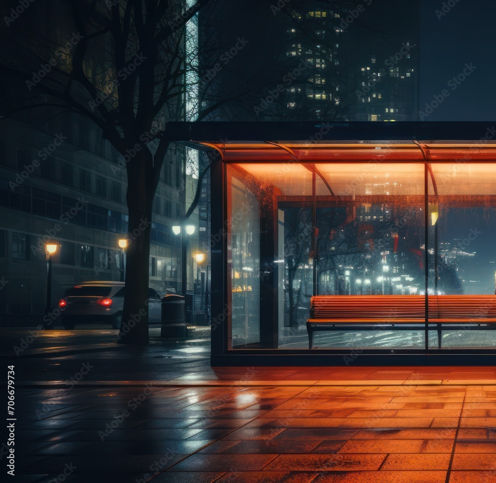 Bench in Front of Glass Building in a City Setting Generative AI
