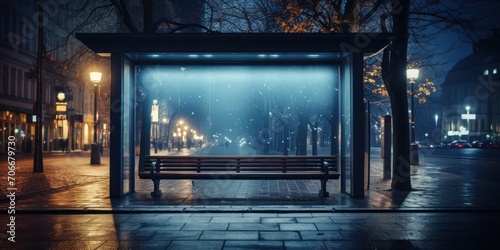 Bench on Side of Night Street Illuminated by Streetlights Generative AI