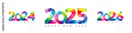 Colored facet set 2024, 2025, 2026 logo. Happy New Year 20 24, 25, 26 numbers, calendar template. Vector typography symbol icons photo