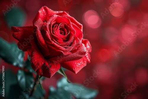 A full large red rose bokeh red background.