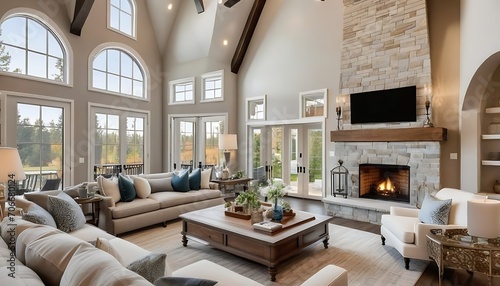 Beautiful living room in new traditional style luxury home. Features vaulted ceilings, fireplace with roaring fire, and elegant furnishings.
