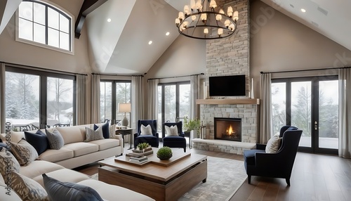 Beautiful living room in new traditional style luxury home. Features vaulted ceilings, fireplace with roaring fire, and elegant furnishings.