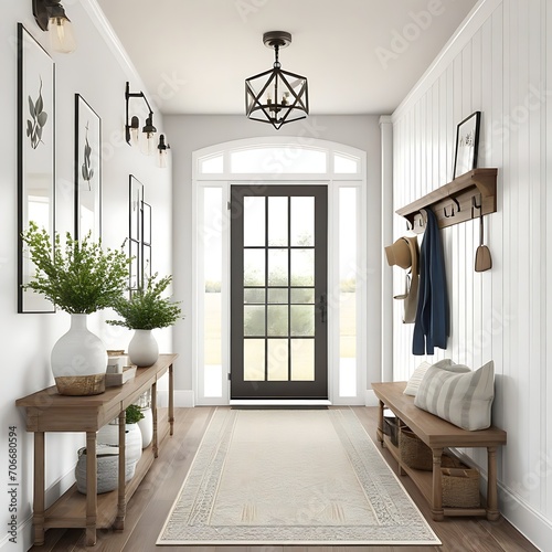 Modern farmhouse entryway. 3d rendering.