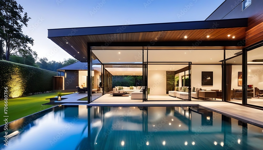Obraz premium Modern patio outdoor with swimming pool. Modern house interior and exterior design