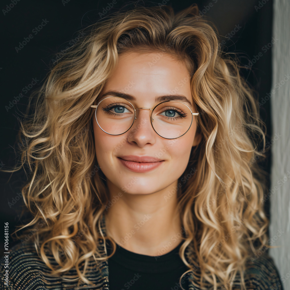 Obraz premium Radiant Elegance: Portrait of a Blonde Woman with Cascading Curls and a Captivating Smile - A Stunning Glimpse of Graceful Beauty and Model-like Charisma - Generative AI