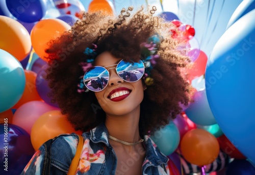 afro haired young girl with glasses and balloons