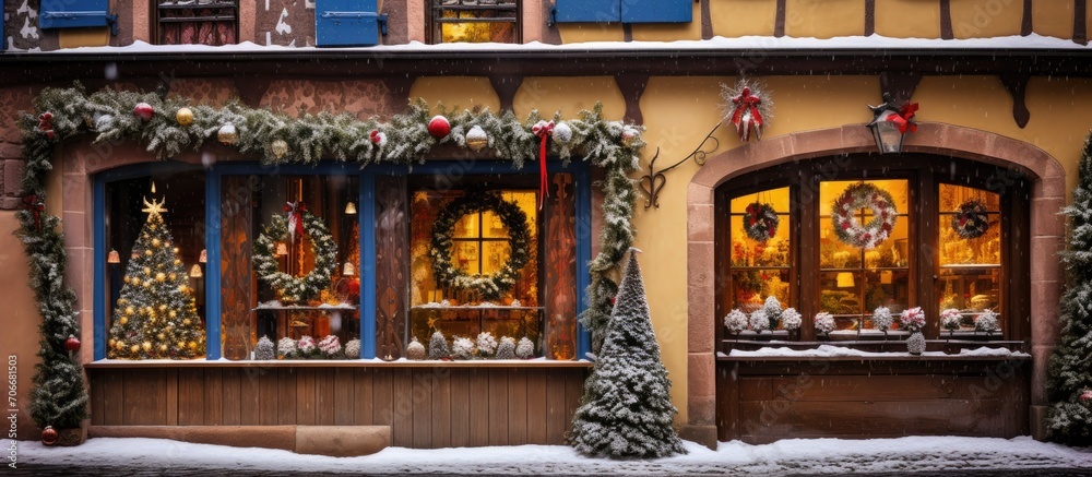 Christmas decorations adorning historic, traditional houses in Colmar, Alsace, France.