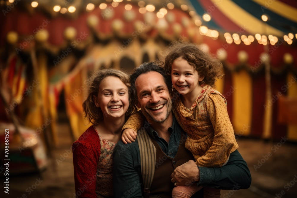 Father with his daughters in front of a circus tent. Concept of fun