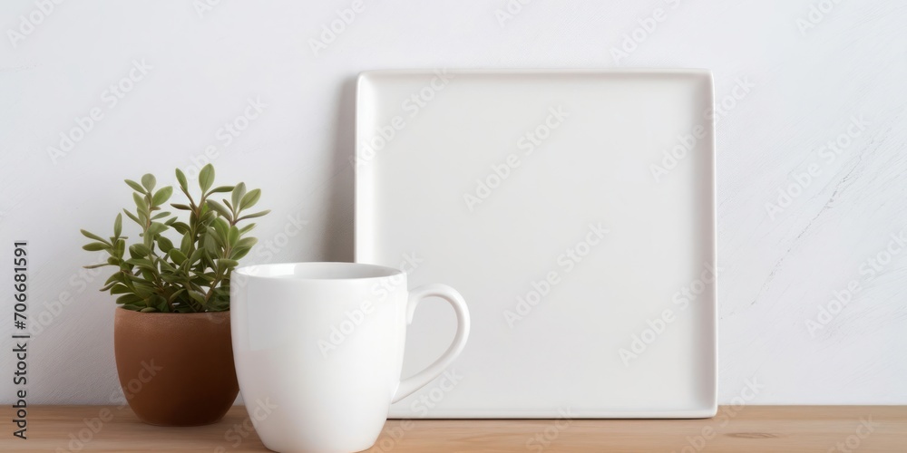 White Coffee Cup and Potted Plant in a Kitchen Setting Generative AI White Coffee Cup and Potted Plant in a Kitchen Setting Generative AI