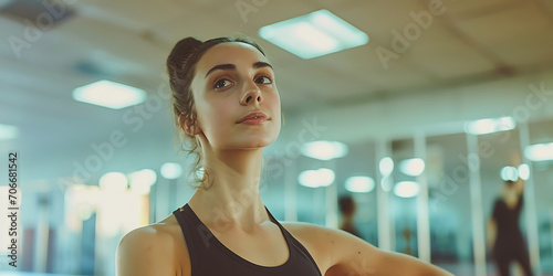 Um retrato de uma bailarina em um momento de reflexão, cercada por espelhos em um estúdio de dança, destacando a graça e força inerentes à arte da dança. photo