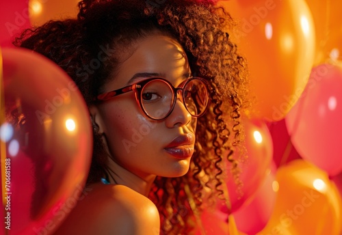 afrohaired girl with glasses and balloons photo