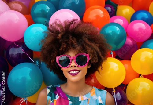 afro haired young girl with glasses and balloons