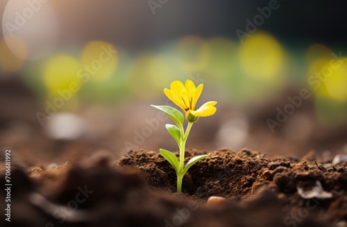 a small yellow flower that is growing in the dirt