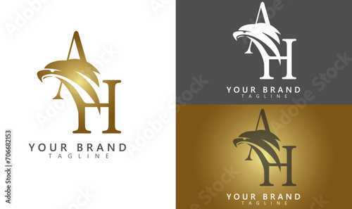 Vector Gold A H letter logo for business, bird vector art in A and H letter logo, Hawk logo with A and H letter, Vector Gold Letter A H Eagle Consulting Logo