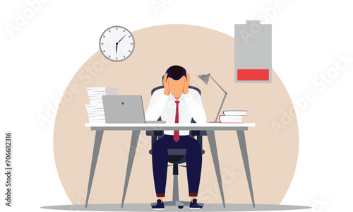 Worried Employee for Project Miss Deadline and Stressed Employee for Project Deadline Work Load Productivity at Work and Work Pressure at Workplace. Low battery shows a Low Percentage of Productivity.