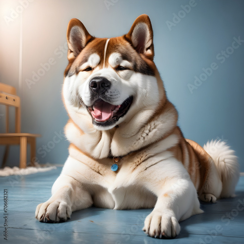 Smiling akita dog with happy expression. and closed eyes. Isolated on blue colored background. 