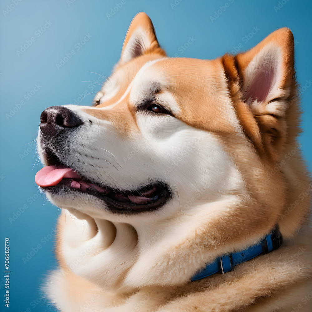 Smiling akita dog with happy expression. and closed eyes. Isolated on blue colored background.
