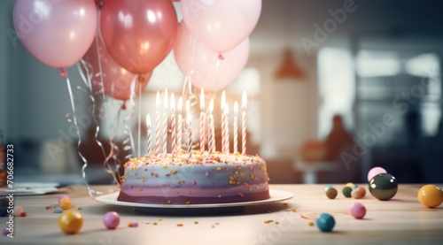birthday cake with candles and balloons on a table in an office photo