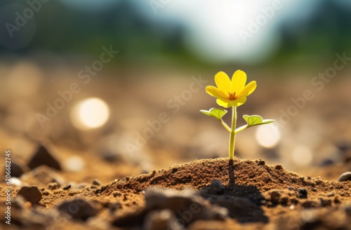 a small yellow flower that is growing in the dirt