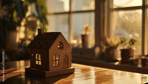 a wooden house model on the wooden table in front of a window