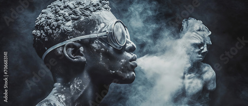 Uma fotografia de perfil de um escultor usando óculos de proteção, esculpindo uma figura maior do que a vida a partir de um bloco de mármore, partículas de poeira no ar