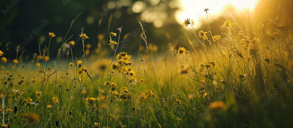 an image of a grassy, summer field containing yellow flowers and green sunlight