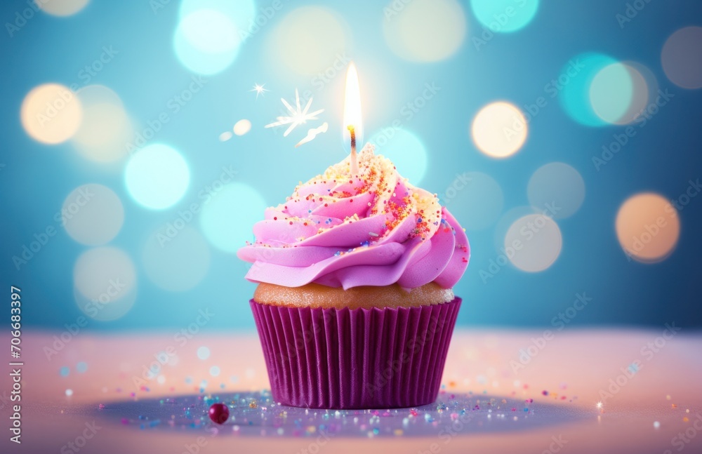 a red birthday cupcake with a candle in front of white circles a red birthday cupcake with a candle in front of white circles