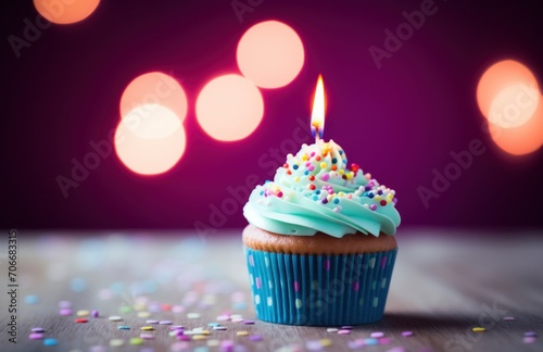 a red birthday cupcake with a candle in front of white circles © olegganko