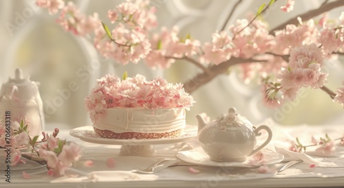 beautiful pink flowers are shown behind the cake and teapot