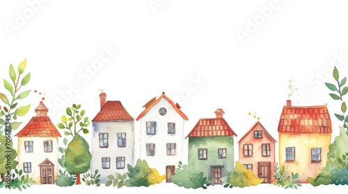 Sales banner with spring colorful houses, watercolor illustration,free copy space