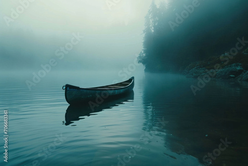a small canoe is seen floating in the water mist