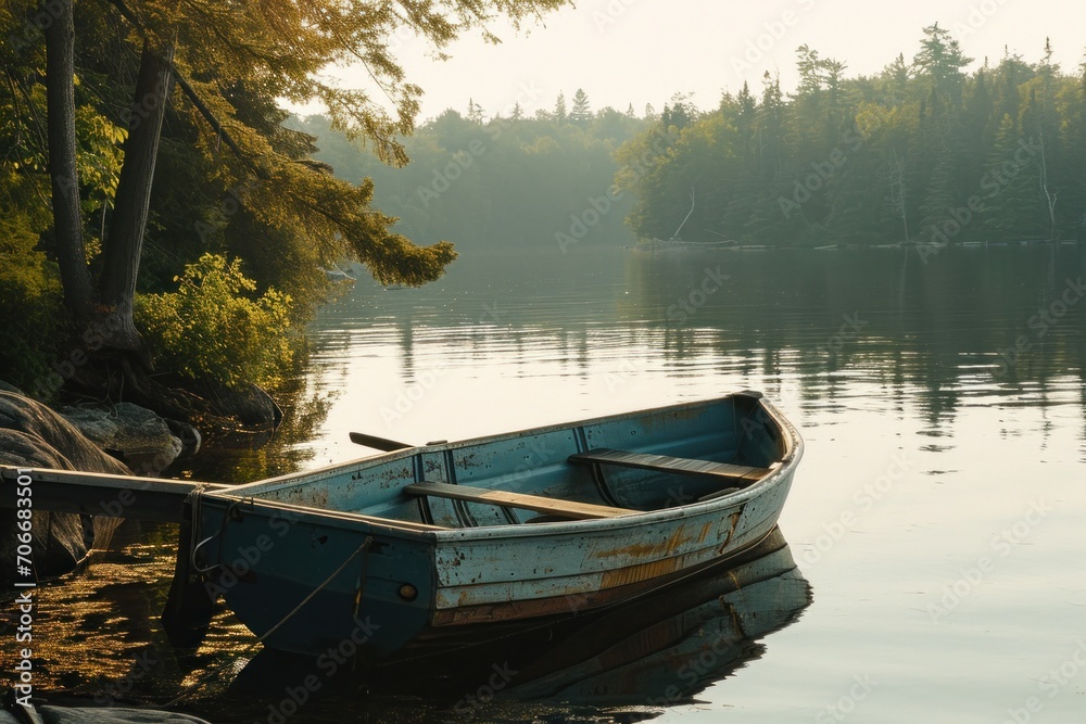 a row boat docked on a lake with trees and water,