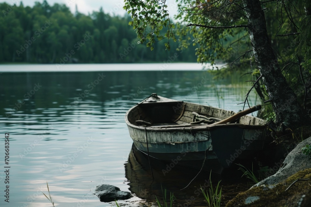 a row boat docked on a lake with trees and water,