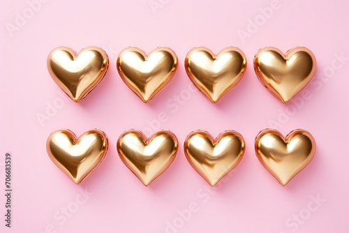 an image of four golden hearts on a pink background © olegganko