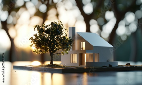 a small model house with a tree in the background