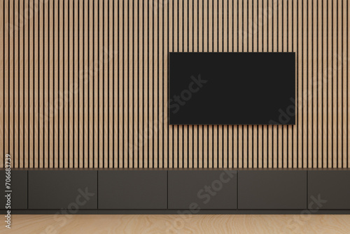Fototapeta Naklejka Na Ścianę i Meble -  Flat screen TV on acoustic panel covered wall. Clean minimalist interior.  Medium shot.

Template for TV creative